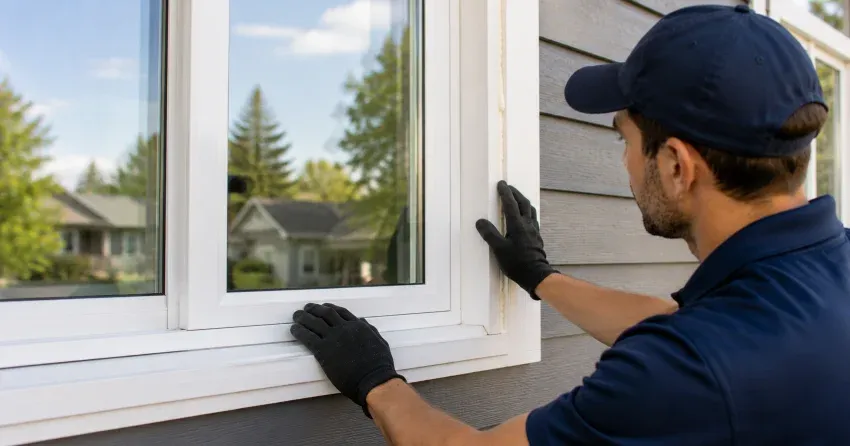 technician comparing full-frame and retrofit window replacement options in Pringle Creek, Whitby