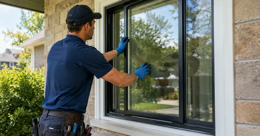technician measuring a broken window pane for replacement in Whitby
