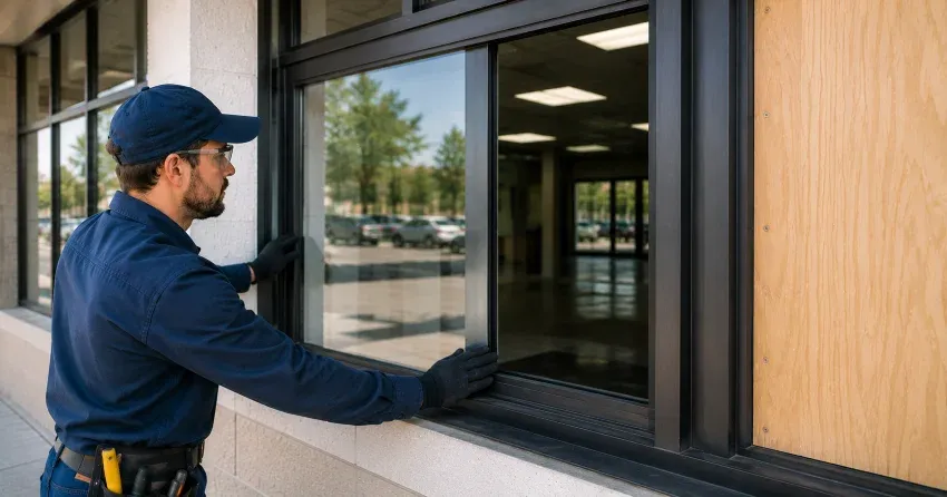 technician boarding a broken window after a break-in in West Lynde, Whitby
