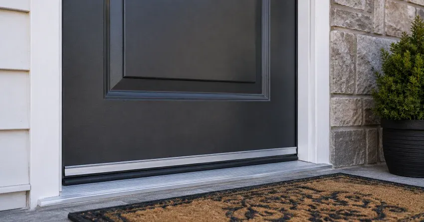technician replacing worn door weatherstripping in Brooklin, Whitby home