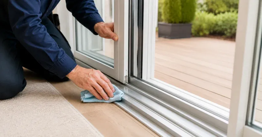 technician inspecting a sliding patio door track in Williamsburg, Whitby