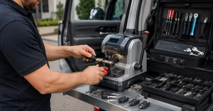 technician cutting a replacement car door lock key in Blue Grass Meadows, Whitby