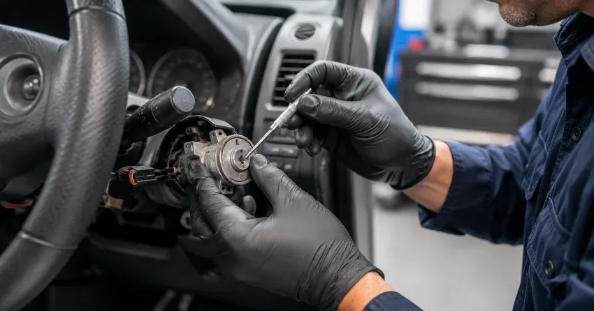 technician diagnosing an ignition lock repair issue in Whitby