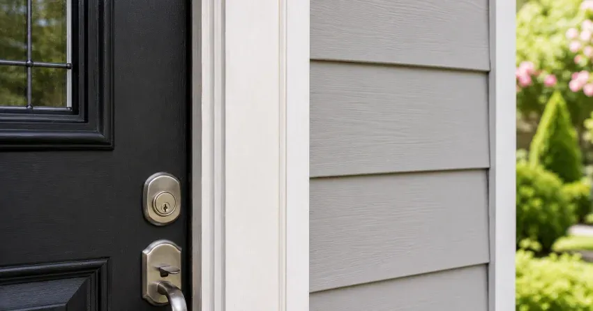 technician inspecting door jamb behind cracked casing in Whitby home
