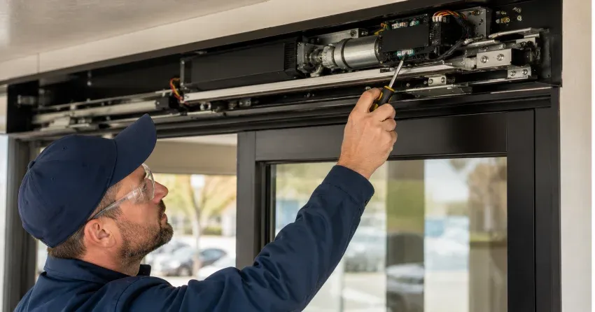 technician completing automatic door repair on residential property in Whitby
