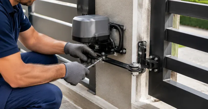technician diagnosing automatic gate motor and control panel in Whitby