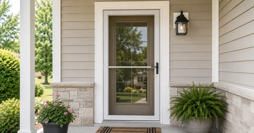 technician hanging storm door square and plumb in Whitby