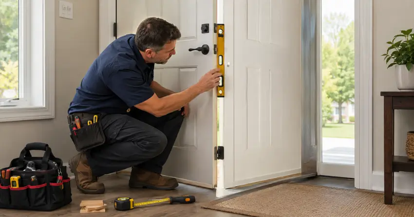 technician diagnosing a misaligned door frame in Blue Grass Meadows, Whitby