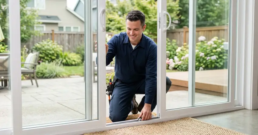 technician diagnosing a sticking patio door in Williamsburg, Whitby