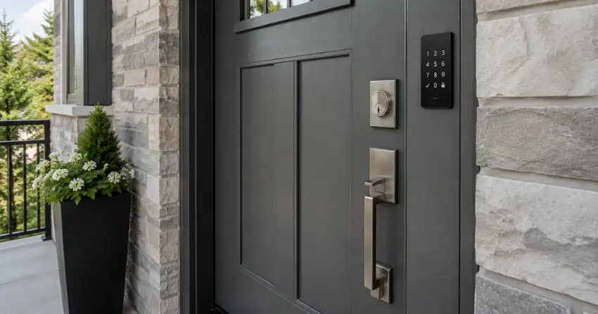 High-security door hardware and access control keypad installed on a residential entry door in Whitby