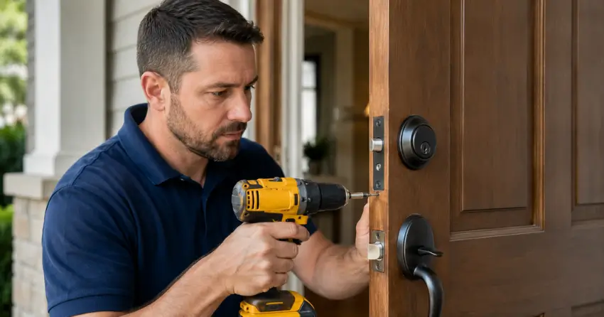 technician installing a new deadbolt during Change Door Lock Williamsburg, Whitby service