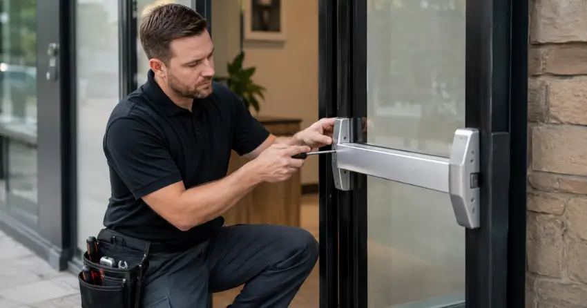 commercial locksmith repairing exit device on storefront door Whitby
