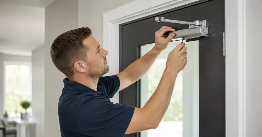 technician adjusting door closer hydraulic valve in Whitby home