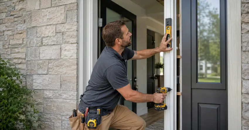technician installing a new exterior door frame in Whitby