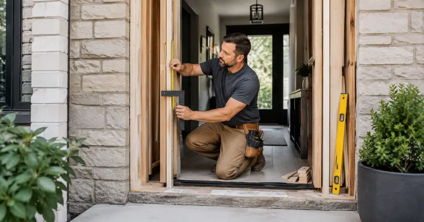 exterior door installer assessing rough opening in Whitby