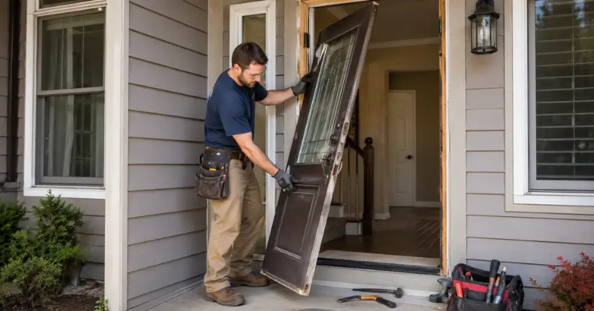 old exterior door being removed for replacement in Pringle Creek, Whitby