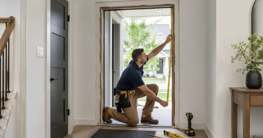 technician measuring a door frame before new door installation in Macedonian Village, Whitby