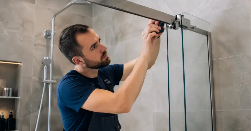 technician adjusting shower door hinge and track in Whitby