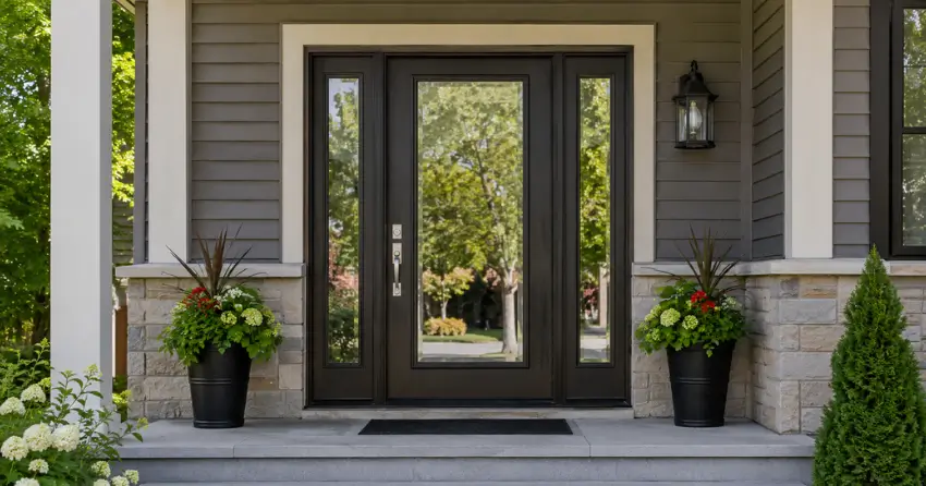 glass entry door with sidelights on a home in Williamsburg, Whitby