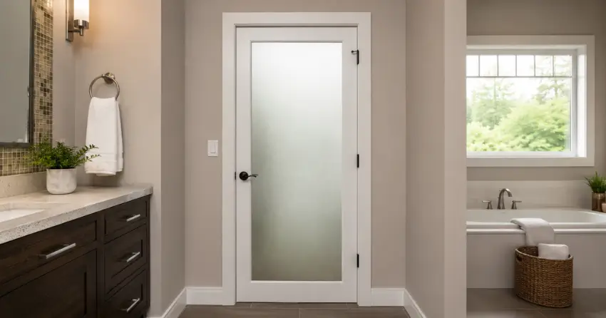 frosted glass panel bathroom door installed in a Brooklin, Whitby home
