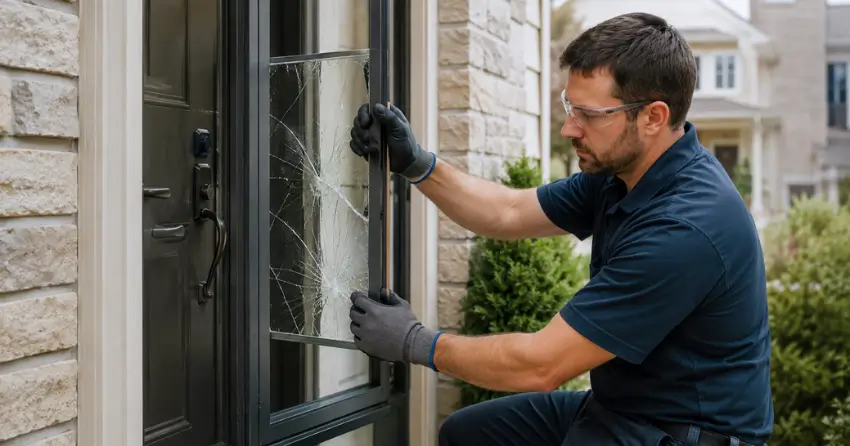 technician removing cracked storm door glass panel in Blue Grass Meadows, Whitby