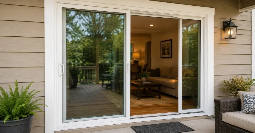 Patio Door Installation technician setting a new frame in Brooklin, Whitby