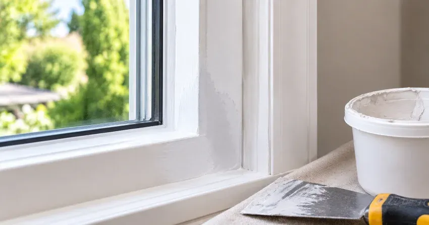 technician repairing rotted window frame corner in Whitby