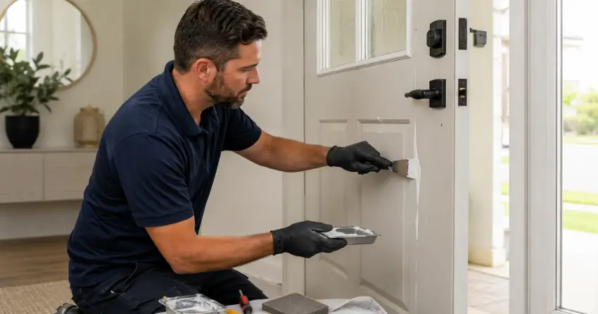 technician repairing fiberglass door surface crack in Blue Grass Meadows, Whitby