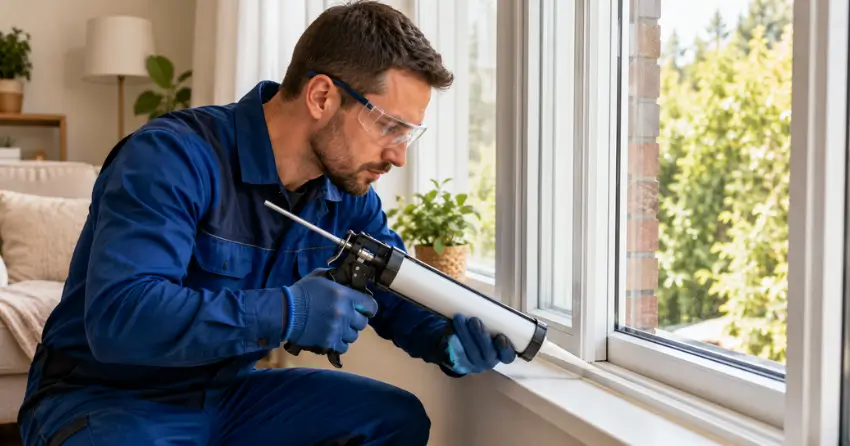 technician repairing window seal and frame in Whitby