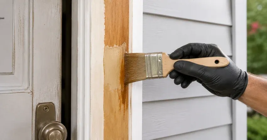 technician probing rotted wood on a door frame in Rolling Acres, Whitby