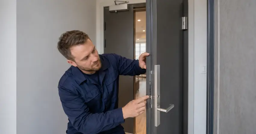 technician inspecting fire-rated door seal and hardware in Whitby