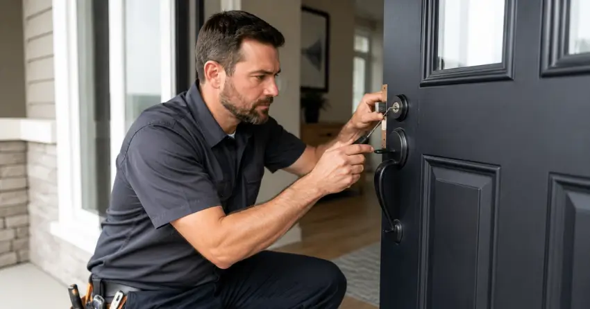 licensed locksmith technician working on residential deadbolt in Whitby