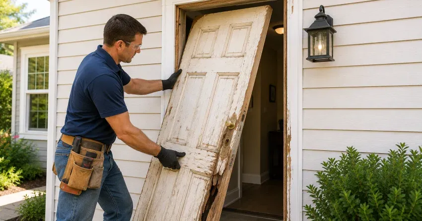 warped exterior door frame showing weather damage in Pringle Creek, Whitby