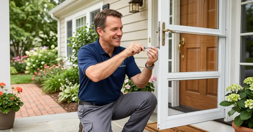 technician adjusting storm door hinge and closer in Whitby