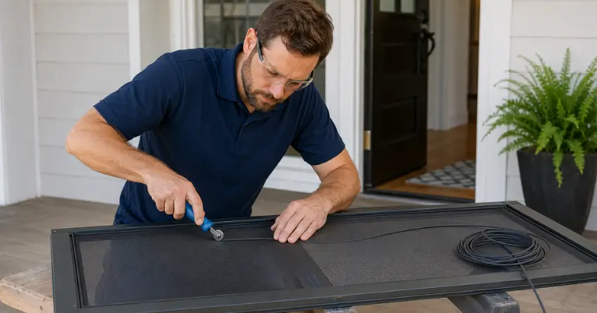 technician replacing screen door mesh and spline in Whitby